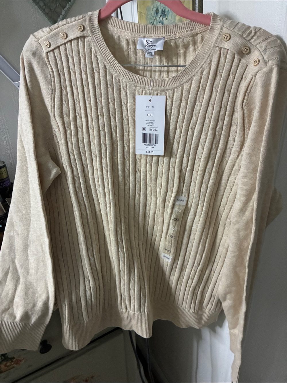 Kim Rogers Beige Cable-Knit Crewneck Sweater with Shoulder Buttons